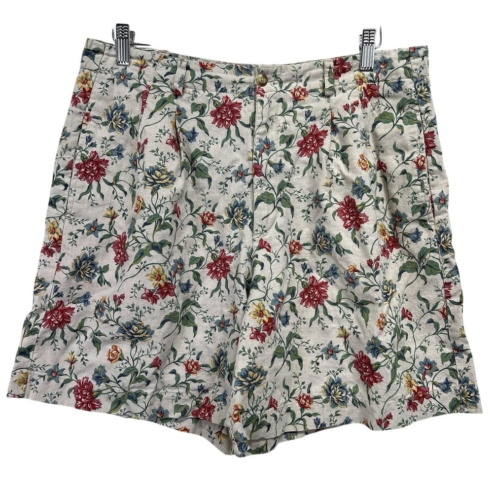 Floral Pleated Linen Blend Shorts Womens 14 W34 High Pleated Cottagecore Naturql